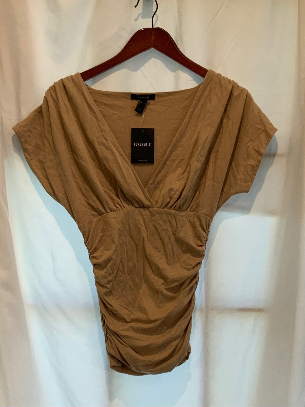 Forever 21 Tan Ruched V-Neck Short Sleeve Top